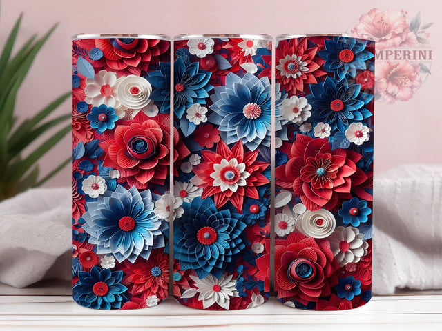 3D Patriotic Red White Blue Floral Tumbler, Patriotic Flowers Tumbler, Red White Blue Wrap, Whimsical Patriotic Wrap, Rustic Floral Wrap, Sublimation Design, Trendy Gift Idea Sublimation Li Zamperini 