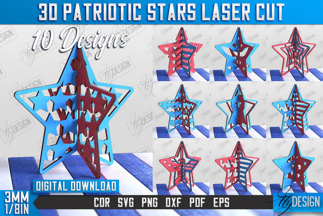 3D Patriotic Star Stand Bundle | Decorative Stand | Red White and Blue | CNC File SVG Fly Design 