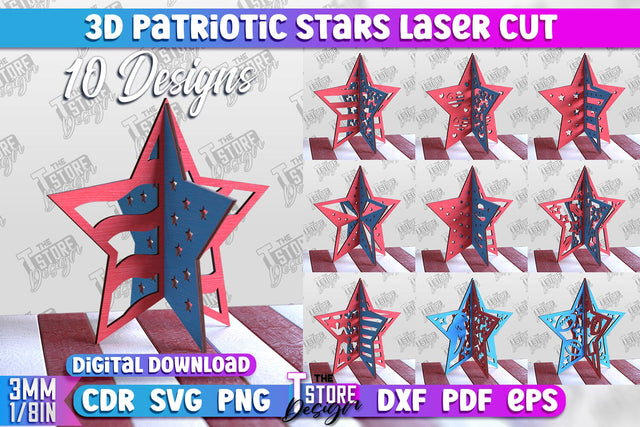 3D Patriotic Stars Bundle | Decorative Stars | 3D Stars Stand | CNC File SVG The T Store Design 