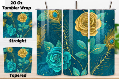3D Peacock Rose Seamless Tumbler Wrap, Teal and Gold Roses, seamless tumbler wrap, peacock rose design, teal floral wrap, gold teal roses, watercolor peacock design, 20oz skinny tumbler, tapered tumbler wrap, straight tumbler design Sublimation FloridPrintables 