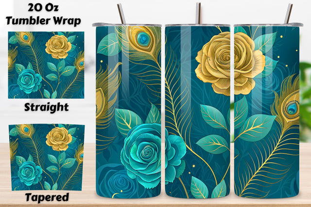 3D Peacock Rose Seamless Tumbler Wrap, Teal and Gold Roses, seamless tumbler wrap, peacock rose design, teal floral wrap, gold teal roses, watercolor peacock design, 20oz skinny tumbler, tapered tumbler wrap, straight tumbler design Sublimation FloridPrintables 