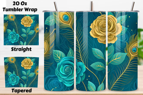 3D Peacock Rose Seamless Tumbler Wrap, Teal and Gold Roses, seamless tumbler wrap, peacock rose design, teal floral wrap, gold teal roses, watercolor peacock design, 20oz skinny tumbler, tapered tumbler wrap, straight tumbler design Sublimation FloridPrintables 