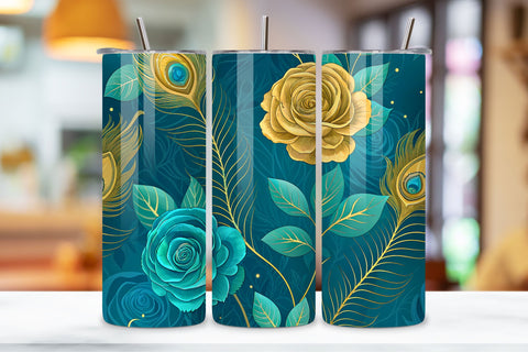 3D Peacock Rose Seamless Tumbler Wrap, Teal and Gold Roses, seamless tumbler wrap, peacock rose design, teal floral wrap, gold teal roses, watercolor peacock design, 20oz skinny tumbler, tapered tumbler wrap, straight tumbler design Sublimation FloridPrintables 