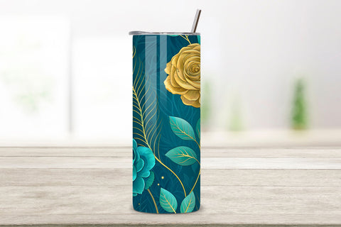 3D Peacock Rose Seamless Tumbler Wrap, Teal and Gold Roses, seamless tumbler wrap, peacock rose design, teal floral wrap, gold teal roses, watercolor peacock design, 20oz skinny tumbler, tapered tumbler wrap, straight tumbler design Sublimation FloridPrintables 