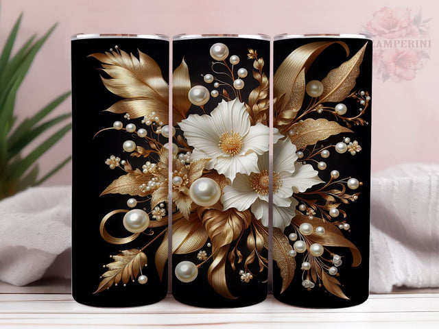 3D Pearl Gold Flowers 20oz Tumbler Wrap PNG, 3D Flowers Tumbler Png, Straight & Tapered Tumbler Wrap, Instant Digital Download Sublimation Li Zamperini 