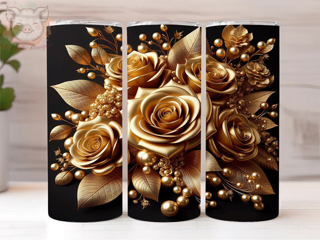 3D Pearl Gold Roses Flowers 20oz Tumbler Png, Straight & Tapered Tumbler Png, Gold Roses Tumbler Png, Digital Download PNG Sublimation Lara' s Designs 