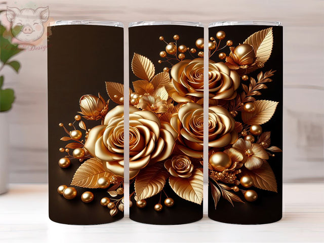 3D Pearl Gold Roses Flowers 20oz Tumbler Png, Straight & Tapered Tumbler Png, Gold Roses Tumbler Png, Digital Download PNG Sublimation Lara' s Designs 