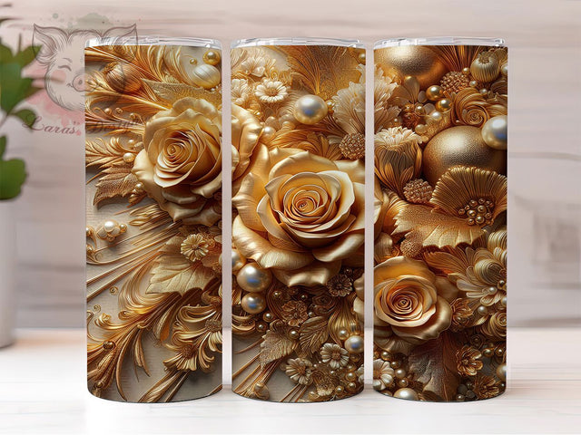 3D Pearl Gold Roses Tumbler, Botanical Floral Wrap, Elegant Pearl Cup, 20oz Sublimation Wrap, Luxury Gold Rose Tumbler, Stylish Botanical Design Cup, Pearl Floral Theme Wrap Sublimation Lara' s Designs 