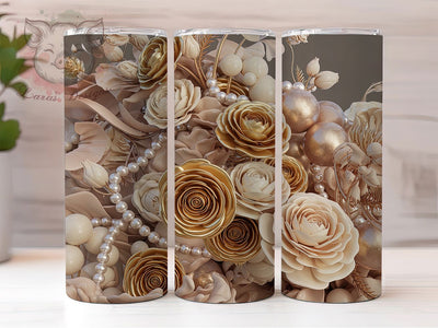 3D Pearl Gold Roses Tumbler, Botanical Floral Wrap, Elegant Pearl Cup, 20oz Sublimation Wrap, Luxury Gold Rose Tumbler, Stylish Botanical Design Cup, Pearl Floral Theme Wrap Sublimation Lara' s Designs 