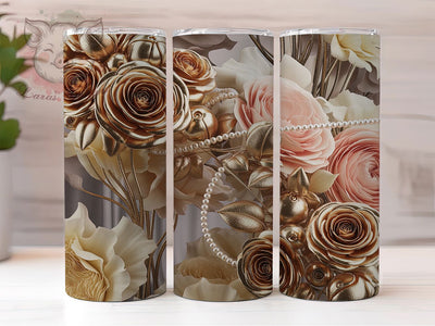 3D Pearl Gold Roses Tumbler, Botanical Floral Wrap, Elegant Pearl Cup, 20oz Sublimation Wrap, Luxury Gold Rose Tumbler, Stylish Botanical Design Cup, Pearl Floral Theme Wrap Sublimation Lara' s Designs 