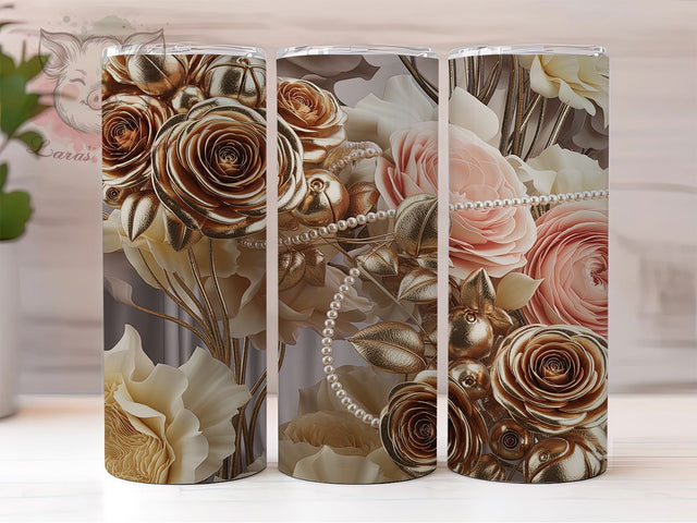 3D Pearl Gold Roses Tumbler, Botanical Floral Wrap, Elegant Pearl Cup, 20oz Sublimation Wrap, Luxury Gold Rose Tumbler, Stylish Botanical Design Cup, Pearl Floral Theme Wrap Sublimation Lara' s Designs 