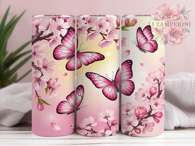 3D Pink Butterfly Floral Tumbler, Pink Butterfly, Floral Tumbler, Butterfly Wrap, Pink Floral Design, 3D Sublimation, Elegant Tumbler Sublimation Li Zamperini 