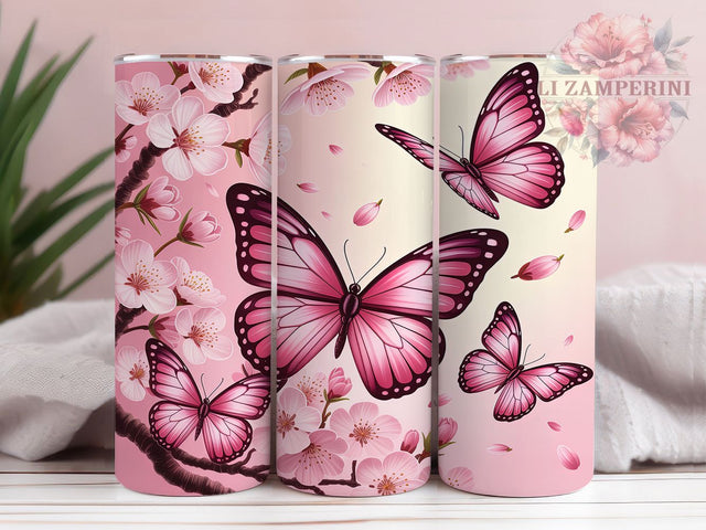 3D Pink Butterfly Floral Tumbler, Pink Butterfly, Floral Tumbler, Butterfly Wrap, Pink Floral Design, 3D Sublimation, Elegant Tumbler Sublimation Li Zamperini 