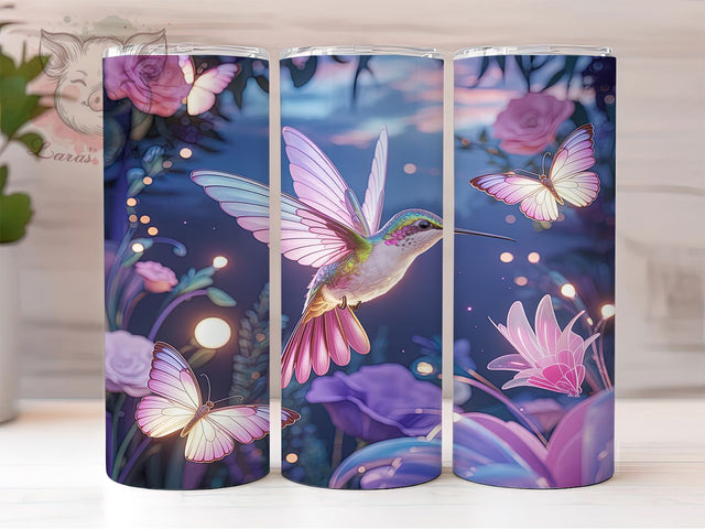 3D Pink Butterfly Hummingbird Tumbler, Butterfly Floral Wrap, Elegant Pink Design, Sublimation Cup, 20oz Skinny Tumbler, Feminine Nature Drinkware, Pink Butterfly Style Sublimation Lara' s Designs 