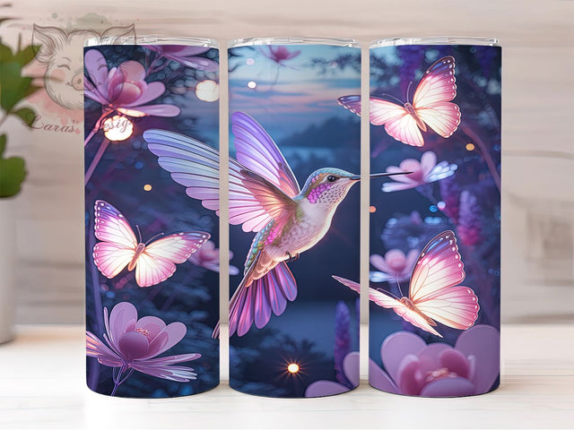 3D Pink Butterfly Hummingbird Tumbler, Butterfly Floral Wrap, Elegant Pink Design, Sublimation Cup, 20oz Skinny Tumbler, Feminine Nature Drinkware, Pink Butterfly Style Sublimation Lara' s Designs 