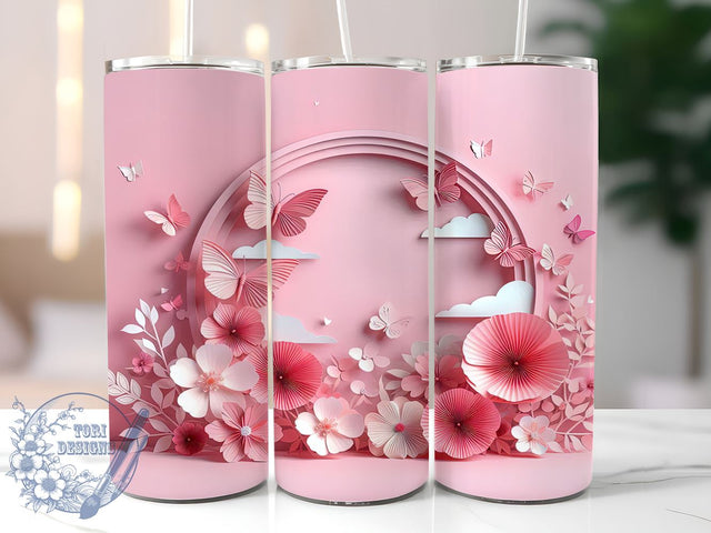 3D Pink Butterfly Pastel Butterflies 20oz Skinny Tumbler, Butterfly Tumbler Png, Straight & Tapered Tumbler Wrap, Instant Digital Download Sublimation ToriDesigns 