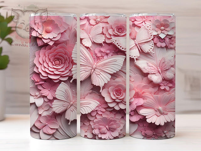 3D Pink Butterfly Tumbler, Elegant Butterfly Tumbler, Stylish 20oz Wrap, Sublimation Design, Trendy Gift Idea, 3D Butterfly Wrap, Pink Butterfly Tumbler Sublimation Lara' s Designs 