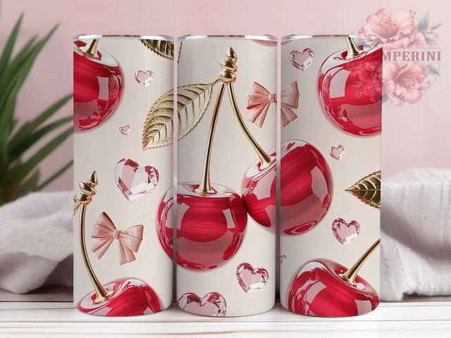 3D Pink Cherry Bow Tumbler, Pink Cherry Tumbler, Whimsical Bow Wrap, Elegant Cherry Wrap, Vibrant Pink Wrap, Sublimation Design, Trendy Gift Idea Sublimation Li Zamperini 
