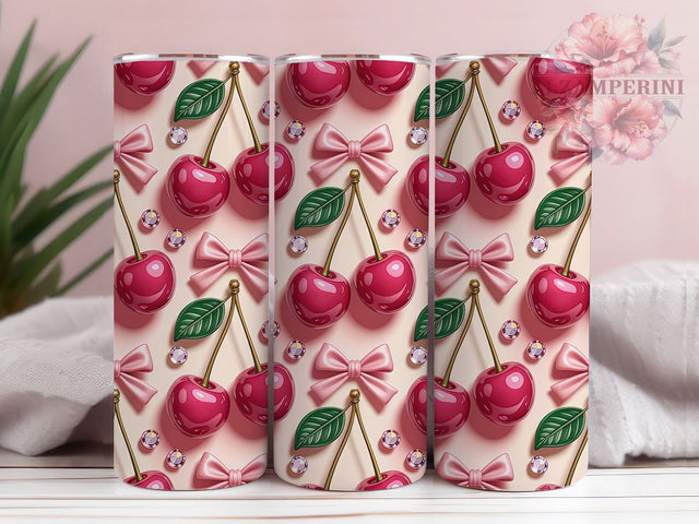 3D Pink Cherry Bow Tumbler, Pink Cherry Tumbler, Whimsical Bow Wrap, Elegant Cherry Wrap, Vibrant Pink Wrap, Sublimation Design, Trendy Gift Idea Sublimation Li Zamperini 