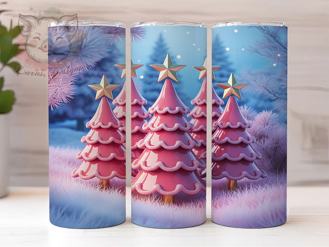 3D Pink Christmas Tree Tumbler, Pink Holiday Wrap, Festive Mug Design, Sublimation Wrap, Cute Winter Gift, Modern Christmas Cup, Sparkly Pink Drinkware Sublimation Lara' s Designs 