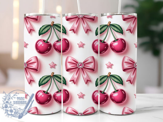 3D Pink Coquette Bow Tumbler, Coquette Seamless Wrap, Pink Glitter Mug Design, Cherry Bow Sublimation, Festive Drinkware, Cute Gift Idea, Sparkly Holiday Cup Sublimation ToriDesigns 
