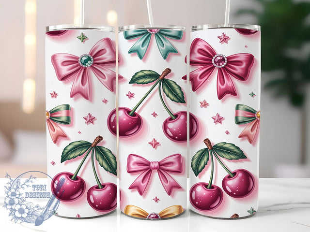 3D Pink Coquette Bow Tumbler, Coquette Seamless Wrap, Pink Glitter Mug Design, Cherry Bow Sublimation, Festive Drinkware, Cute Gift Idea, Sparkly Holiday Cup Sublimation ToriDesigns 