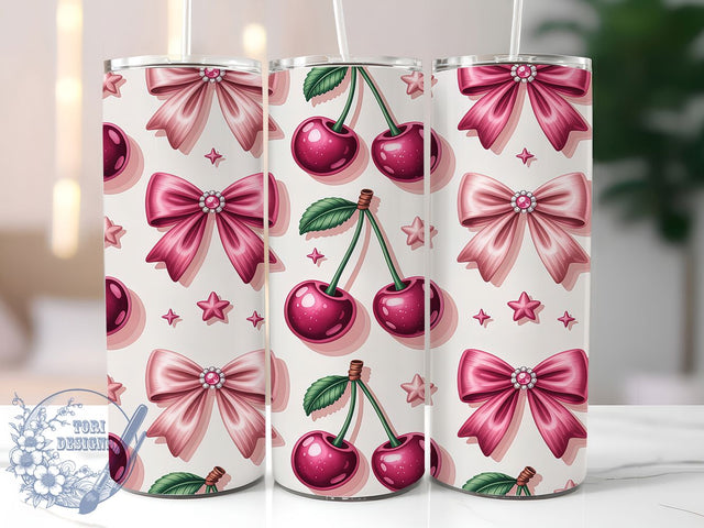 3D Pink Coquette Bow Tumbler, Coquette Seamless Wrap, Pink Glitter Mug Design, Cherry Bow Sublimation, Festive Drinkware, Cute Gift Idea, Sparkly Holiday Cup Sublimation ToriDesigns 