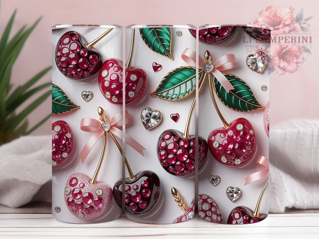 3D Pink Coquette Cherry 20oz Tumbler, Inflated Bow, Pink Coquette, Cherry Theme, 20oz Wrap, Sublimation Design, PNG File Sublimation Li Zamperini 