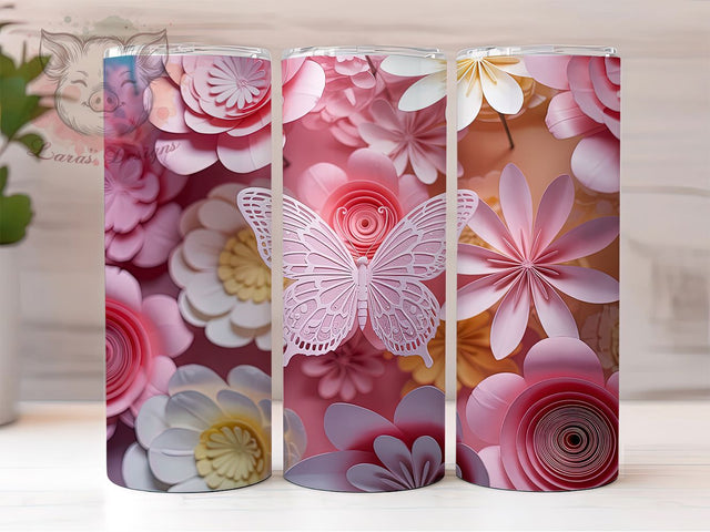 3D Pink Floral Butterfly Tumbler, Pink Butterfly Tumbler, Whimsical Butterfly Wrap, Elegant Floral Wrap, Vibrant Butterfly Wrap, Sublimation Design, Trendy Gift Idea Sublimation Lara' s Designs 