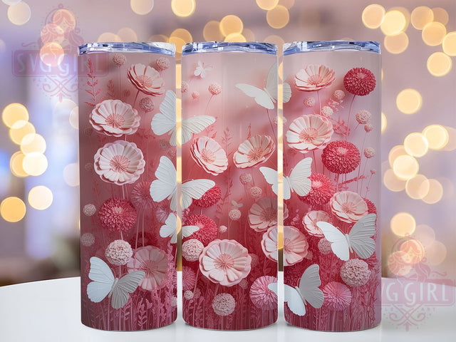 3D Pink Floral Butterfly Tumbler, Pink Floral Art, Elegant Butterfly Graphic, Romantic Flower Pattern, Cute Butterfly Illustration, 20oz Tumbler, Sublimation Design Sublimation SvggirlplusArt 