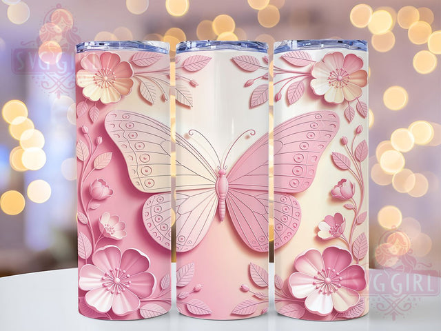 3D Pink Floral Butterfly Tumbler, Pink Floral Design, Butterfly Flower Pattern, 20Oz Sublimation Wrap, Puffy Butterfly Texture, Pink Floral Aesthetic, Tumbler Sublimation Sublimation SvggirlplusArt 
