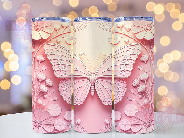 3D Pink Floral Butterfly Tumbler, Pink Floral Design, Butterfly Flower Pattern, 20Oz Sublimation Wrap, Puffy Butterfly Texture, Pink Floral Aesthetic, Tumbler Sublimation Sublimation SvggirlplusArt 