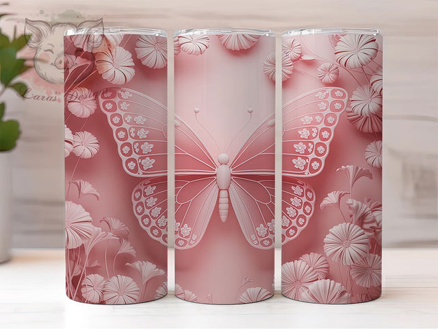 3D Pink Floral Butterfly Tumbler, Pink Floral, Glitter Wrap, Sublimation Art, 20oz Tumbler, Elegant Theme, Nature Style Sublimation Lara' s Designs 