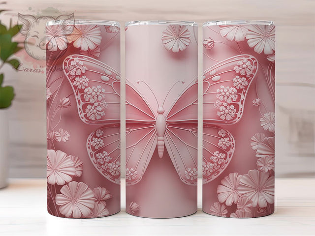 3D Pink Floral Butterfly Tumbler, Pink Floral, Glitter Wrap, Sublimation Art, 20oz Tumbler, Elegant Theme, Nature Style Sublimation Lara' s Designs 
