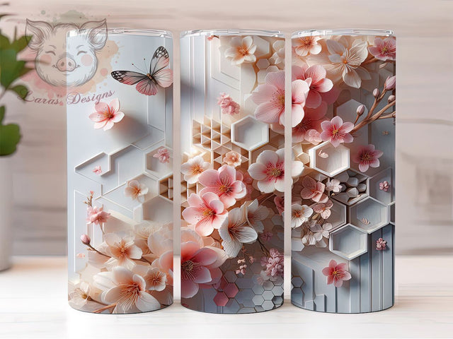 3D Pink Floral Honey Bee Tumbler, Honeycomb Tumbler, Whimsical Bee Wrap, Pink Floral Wrap, Vibrant Honey Wrap, Sublimation Design, Trendy Gift Idea Sublimation Lara' s Designs 