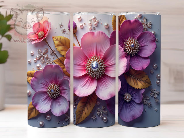 3D Pink Floral Pearls 20oz Holographic Tumbler Wrap, Holographic Tumbler Design, Elegant Pearl Floral Sublimation, Shimmer Pink Flowers 20oz Wrap, Seamless Holographic Tumbler Sublimation Lara' s Designs 