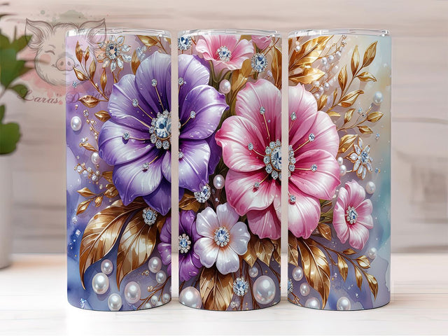 3D Pink Floral Pearls 20oz Holographic Tumbler Wrap, Holographic Tumbler Design, Elegant Pearl Floral Sublimation, Shimmer Pink Flowers 20oz Wrap, Seamless Holographic Tumbler Sublimation Lara' s Designs 