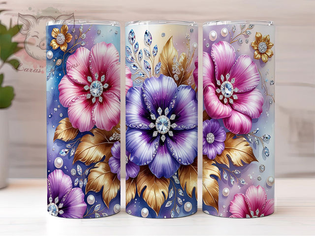 3D Pink Floral Pearls 20oz Holographic Tumbler Wrap, Holographic Tumbler Design, Elegant Pearl Floral Sublimation, Shimmer Pink Flowers 20oz Wrap, Seamless Holographic Tumbler Sublimation Lara' s Designs 