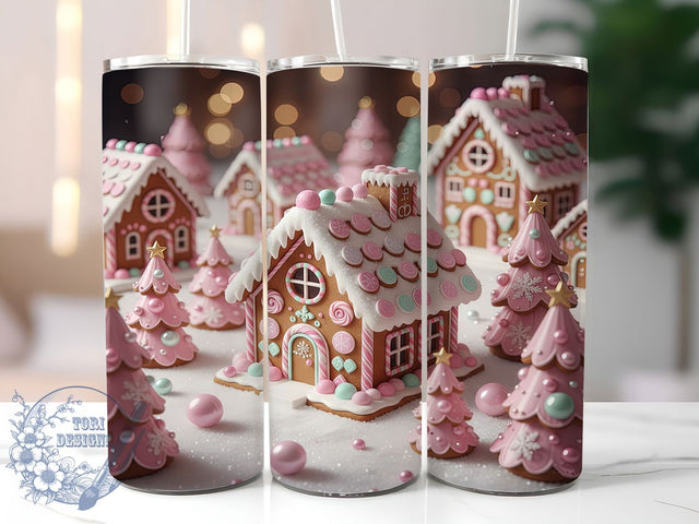3D Pink Gingerbread House Tumbler, Pink Christmas Wrap, 20oz Tumbler Sublimation, Festive Gingerbread Design, Cute Pink Holiday Sublimation, Sweet Christmas Tumbler, Cozy Winter Wrap Sublimation ToriDesigns 