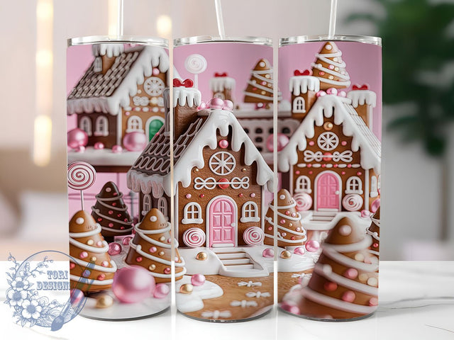 3D Pink Gingerbread House Tumbler, Pink Christmas Wrap, 20oz Tumbler Sublimation, Festive Gingerbread Design, Cute Pink Holiday Sublimation, Sweet Christmas Tumbler, Cozy Winter Wrap Sublimation ToriDesigns 