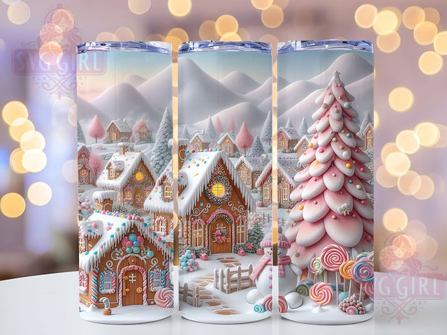 3D Pink Gingerbread Village Tumbler, Pink Christmas Design, Festive Cookie House Art, Cute Holiday Graphic, Whimsical Christmas Pattern, 20oz Tumbler, Sublimation Design Sublimation SvggirlplusArt 