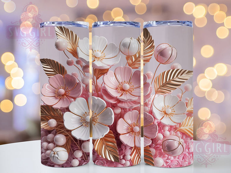 3D Pink Glass Flower Tumbler, Pink White Floral Wrap, Elegant Mug Design, Sublimation Wrap, Artistic Drinkware, Cute Gift Idea, Sparkly Floral Cup Sublimation SvggirlplusArt 