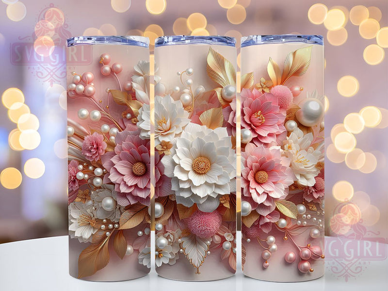 3D Pink Glass Flower Tumbler, Pink White Floral Wrap, Elegant Mug Design, Sublimation Wrap, Artistic Drinkware, Cute Gift Idea, Sparkly Floral Cup Sublimation SvggirlplusArt 