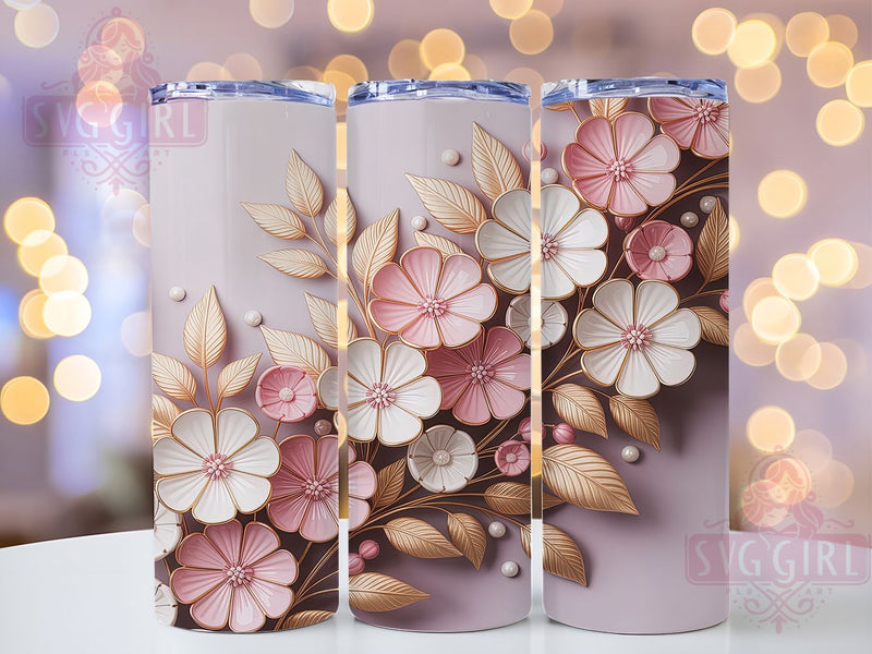 3D Pink Glass Flower Tumbler, Pink White Floral Wrap, Elegant Mug Design, Sublimation Wrap, Artistic Drinkware, Cute Gift Idea, Sparkly Floral Cup Sublimation SvggirlplusArt 