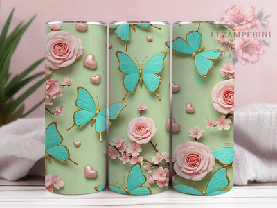 3D Pink Hearts Butterfly Tumbler, Pink Hearts Tumbler, Butterfly Tumbler, Turquoise Aesthetic, Glitter Tumbler, 20oz Sublimation Wrap, Romantic Tumbler Sublimation Li Zamperini 