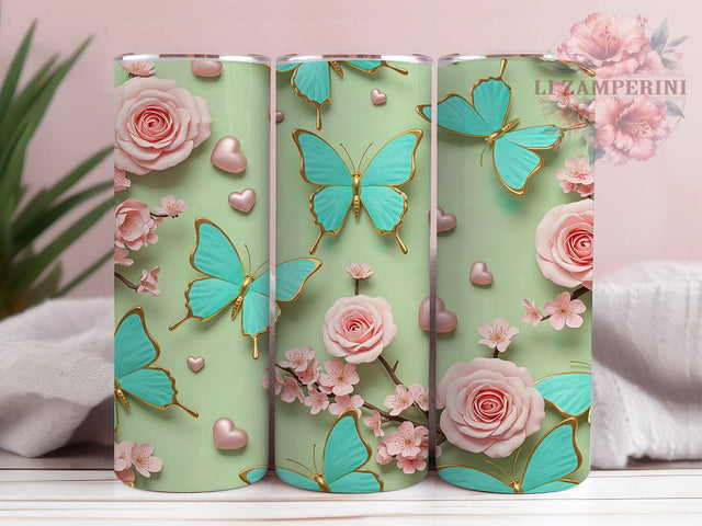 3D Pink Hearts Butterfly Tumbler, Pink Hearts Tumbler, Butterfly Tumbler, Turquoise Aesthetic, Glitter Tumbler, 20oz Sublimation Wrap, Romantic Tumbler Sublimation Li Zamperini 