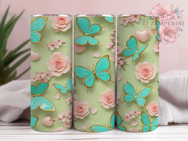 3D Pink Hearts Butterfly Tumbler, Pink Hearts Tumbler, Butterfly Tumbler, Turquoise Aesthetic, Glitter Tumbler, 20oz Sublimation Wrap, Romantic Tumbler Sublimation Li Zamperini 