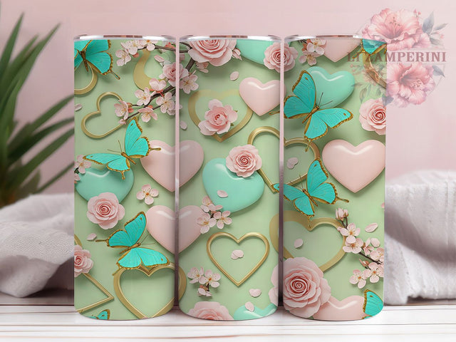 3D Pink Hearts Butterfly Tumbler, Pink Hearts Tumbler, Butterfly Tumbler, Turquoise Aesthetic, Glitter Tumbler, 20oz Sublimation Wrap, Romantic Tumbler Sublimation Li Zamperini 