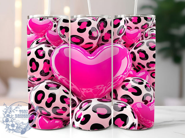 3D Pink Leopard Heart Tumbler, Pink Valentine Pattern, Trendy Leopard Design, 20Oz Sublimation Wrap, Bold Heart Art, Stylish Leopard Texture, Tumbler Sublimation Sublimation ToriDesigns 