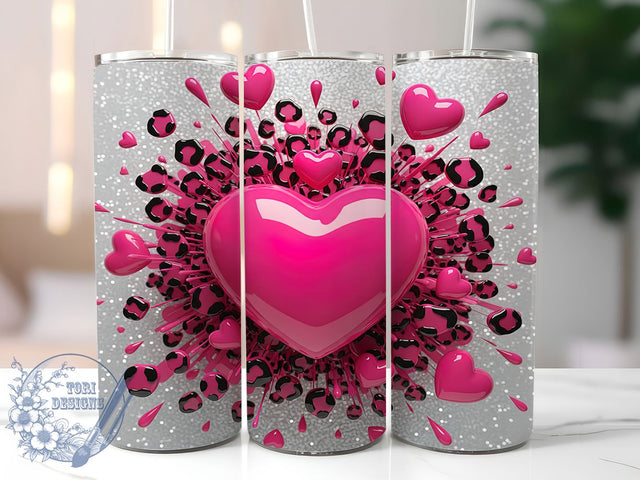 3D Pink Leopard Heart Tumbler, Pink Valentine Pattern, Trendy Leopard Design, 20Oz Sublimation Wrap, Bold Heart Art, Stylish Leopard Texture, Tumbler Sublimation Sublimation ToriDesigns 